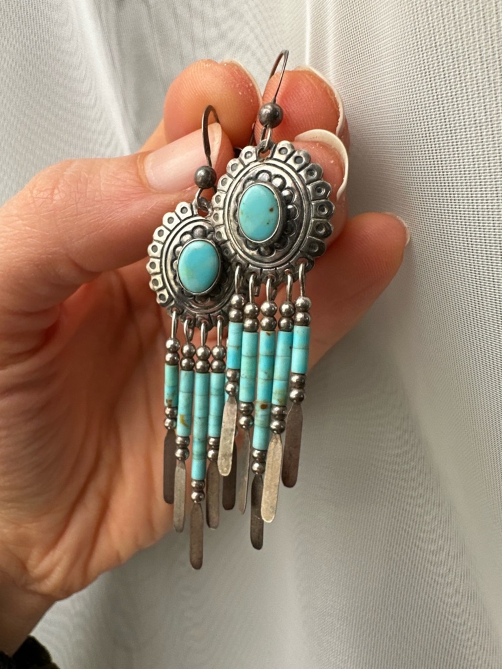 Turquoise Dangle Earrings - Artisan Sterling- Silver Beaded Fringe - Picture 2 of 5